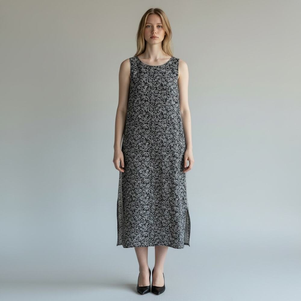 J. Jill Wearever Collection Sleeveless Midi Dress Women's Sz LP Black Floral